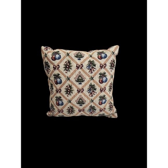 Christmas Pillow Ornaments Tree Bells Candy Canes Diamond Windowpane Tapestry - Picture 1 of 2
